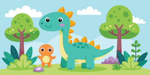 Poster - Cheerful dinosaur standing in a colorful landscape with rocks, plants, and trees, perfect for children's illustrations or educational materials