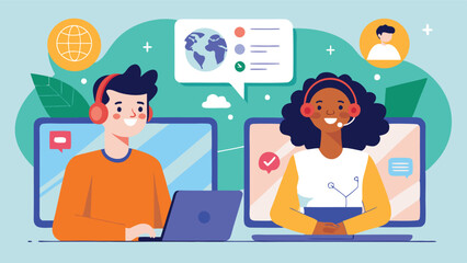 Poster - two professionals collaborating online in a colorful digital workspace while interacting with a virt