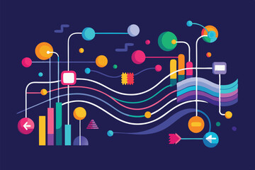 Aufkleber - Colorful vector illustration representing data visualization with colorful charts, lines, and geometric shapes on a dark background