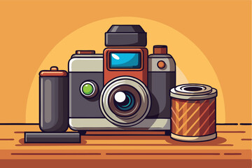 Poster - Vintage camera with film roll and developing tank on wooden surface illuminated by warm light in creative setting