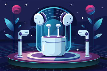 Leinwandbilder - Dynamic vector illustration of a futuristic gadget on a sleek platform, surrounded by glowing cityscape elements at nighttime
