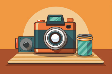 Poster - Vintage camera with film roll and developing tank on wooden surface illuminated by warm light in creative setting