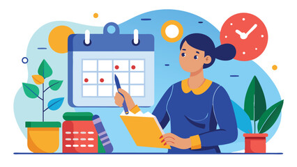 Leinwandbilder - Vector illustration of a woman organizing her schedule while planning tasks, surrounded by plants, a calendar, and books during a creative working session at home