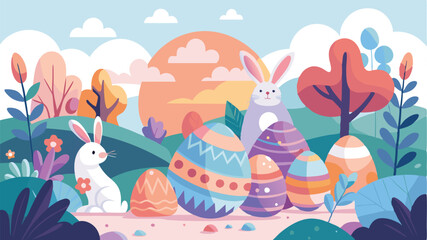 Poster - Colorful vector illustration of friendly rabbits and decorated Easter eggs in a sunny spring landscape