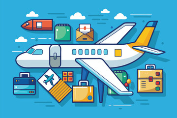 Poster - Vector illustration of an airplane with travel luggage and parcels, representing air transport and logistics in a bright, playful style during daytime