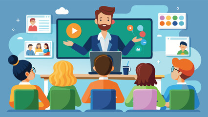 Poster - engaging classroom vector illustration featuring a teacher presenting to students in a modern digita
