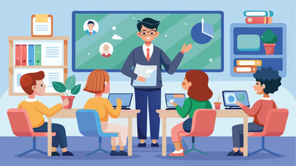 Poster - engaging classroom vector illustration featuring a teacher presenting to students in a modern digita