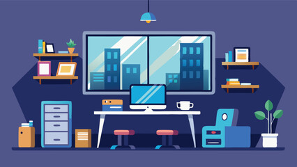 Poster - Modern workspace vector illustration showcasing a cozy office design with large windows and city views during daylight hours