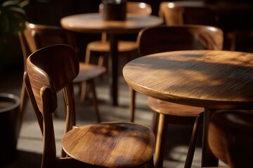 Poster - Warm wooden furniture creates a cozy atmosphere in a cafe during late afternoon sunlight