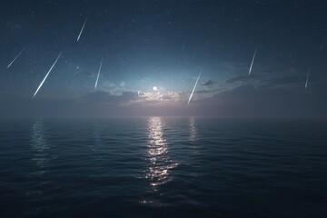 Poster - Nighttime sky full of shooting stars reflecting over the calm ocean waters during a lunar event