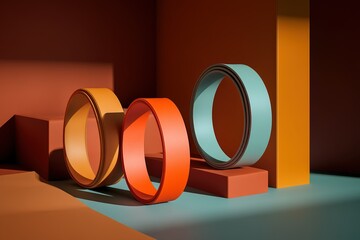 Poster - Colorful geometric shapes create a modern art display in a minimalistic setting with vibrant backgrounds and dynamic shadows