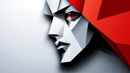 Poster - Abstract Low Poly Face Red and White Geometric Portrait Art Modern Digital Design Illustration Graphic Background Image for Web Print Media Grey Bold Style Clean Lines Color Light 