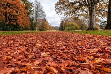 Poster - Vibrant autumn forest path covered in fallen leaves