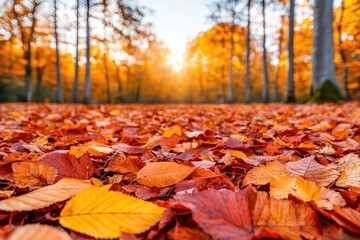 Poster - Golden sunlight filtering through trees onto autumn leaves