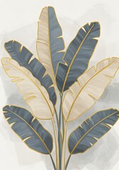 Poster - Elegant botanical illustration featuring stylized banana leaves in calming blue and beige tones with delicate golden outlines on a textured background