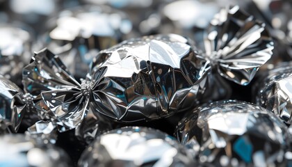 Poster - Reflective Candy Wrapper Texture, Close-up Macro. Shining Metallic Surface With Crinkles And Folds. Bright Light Creates Abstract Design, Material Details. Packaging Detail.