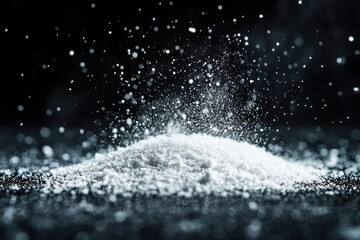 Wall Mural - A pile of white powder with dust particles in the air on a dark surface and background.