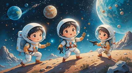 Wall Mural - Illustration of young astronauts exploring space - childlike wonder - Children's book illustration