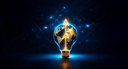 Poster - a glowing lightbulb reveals a world map with an upward arrow, symbolizing global growth and innovati