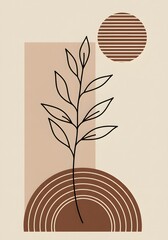 Poster - Serene botanical sketch with geometric shapes creating a peaceful and aesthetic visual harmony art print for contemporary interiors