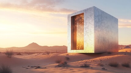 Poster - modern desert cube structure architectural design golden sunset landscape futuristic building innova