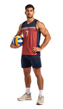 Male Indian athlete holding volleyball with with confident, isolated background