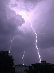 rainstorm weather, strong storm accompanied by lightning and thunder, dark clouds in the sky, rain p