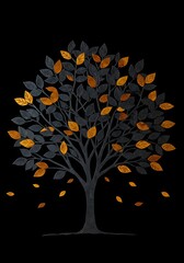 Poster - Stylized arboreal illustration with muted monochrome leaves interspersed with golden accent folia against an opulent obsidian background emphasizing aesthetic contrast