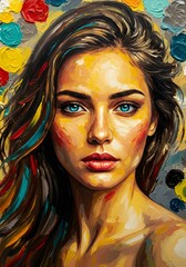 Poster - Serene portraiture of a woman with vibrant hues and an expressive gaze, capturing the essence of beauty with textured oil paint strokes