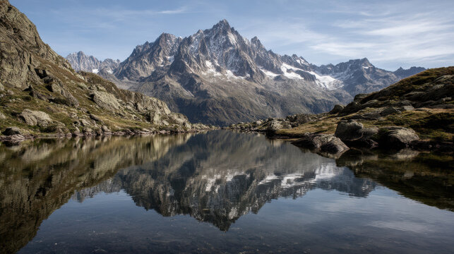 Tranquil alpine lake reflects the majestic snow-capped Mont Blanc mountain range under a clear blue sky on a bright, sunny day in the French Alps region.