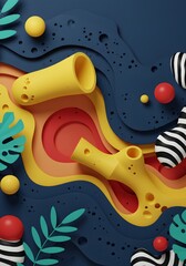 Poster - Playful Abstraction: A Vibrant Composition of Geometric Shapes and Tropical Accents Creating Dynamic Visual Harmony for Creative Projects and Digital Design