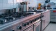 © badrunt - Stainless steel commercial kitchen stove and oven with gas burners.
