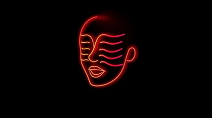 Poster - Abstract Neon Portrait Minimalist Line Art Female Face Red Orange Gradient Glow Dark Background Modern Stylish Elegant Design Graphic Illustration Vector Art Print Digital Artwork 