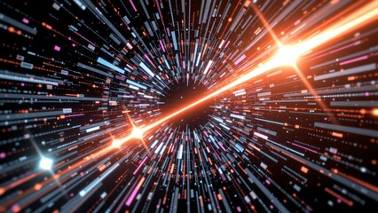 Poster - Explosive light burst action abstract universe digital art cosmic environment dynamic perspective journey through space-time