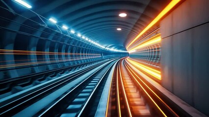 Poster - Dynamic Subway Tunnel Illuminated Tracks and Light Trails in Motion, Showcasing Urban Speed and Infrastructure Depth