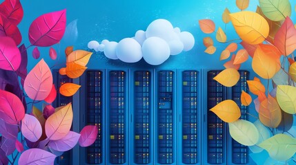 Poster - Vibrant Autumn Leaves Cloud Computing Data Center Servers Digital Art Technology Illustration Abstract Background Design Network Infrastructure Modern Technology Digital Network   