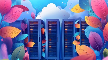 Poster - vibrant autumn leaves and modern data servers digital illustration technology concept eco friendly c