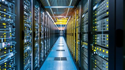 Poster - illuminated data center corridor showcasing server racks, advanced technology, organized cables, and
