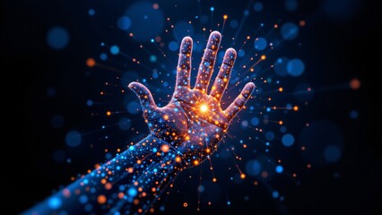 Poster - Dynamic energy manifestation illuminating cosmic hand abstract environment digital art futuristic perspective concept of creation and connectivity
