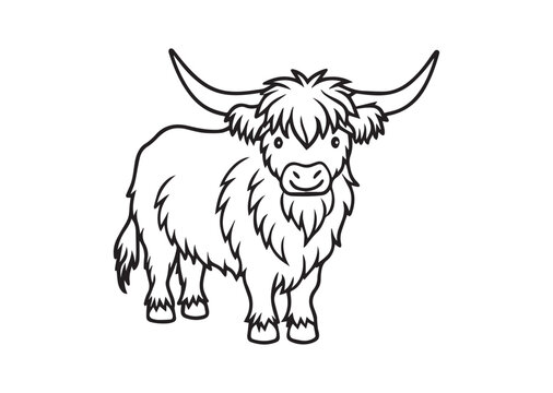 Hand-Drawn Highland Cow Doodle Line Art Drawing, Perfect for Modern Wall Art, Coloring Pages, and Creative Design Vector