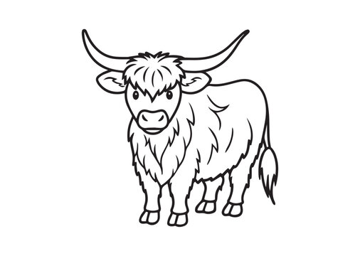 Hand-Drawn Highland Cow Doodle Line Art Drawing, Perfect for Modern Wall Art, Coloring Pages, and Creative Design Vector