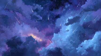 Wall Mural - A stunning digital illustration of a starry night sky, featuring a blend of deep purples, blues, and hints of orange. The clouds are thick and fluffy, creating a captivating foreground against the bac
