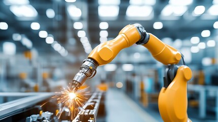 Poster - Industrial Robotic Arm Welding Metal Precise Automation Manufacturing Technology Advanced Robotic Process Modern Factory Smart Industry Yellow Robot Automation Equipment 
