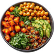 © Raian - Delicious vegan buddha bowl recipe with sweet potato chickpeas and avocado for healthy eating diet plan on transparent background