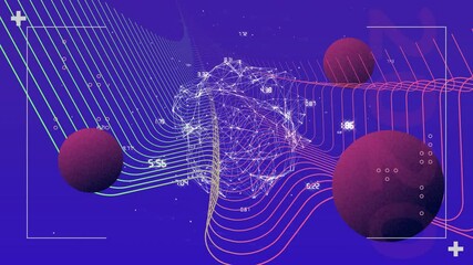 Poster - Central wireframe network pulsing in blue–purple field, with red spheres and grid lines