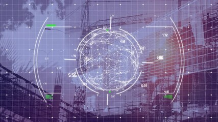 Poster - 3D wireframe globe displaying site progress data over grid overlay, highlighting cranes scaffolding