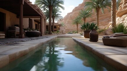 Poster - Tranquil scene featuring a serene reflecting pool lined with stone architecture and trees against a desert backdrop. Shadows and reflections enhance the peaceful ambiance