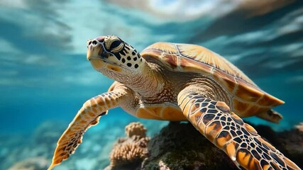 Poster - Close-up view of an animal resting on coral reef in clear blue water, soft lighting and underwater perspective