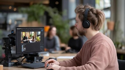 Poster - Man editing video on a computer in a modern office setting wearing headphones and casual outfit other people are blurred in the background
