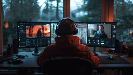 Aufkleber - A person with headphones at a desk surrounded by two monitors displaying video calls and editing software. The scene is lit with a warm glow against a backdrop of a forest and a window